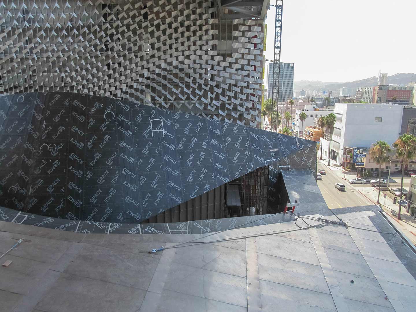 Photograph showing both the ZEPPS forms as well as the generative facade design.