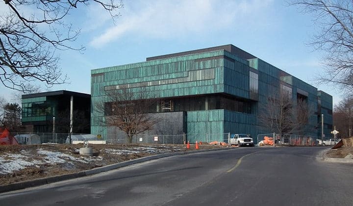 Freshly installed panels on the new building during construction.