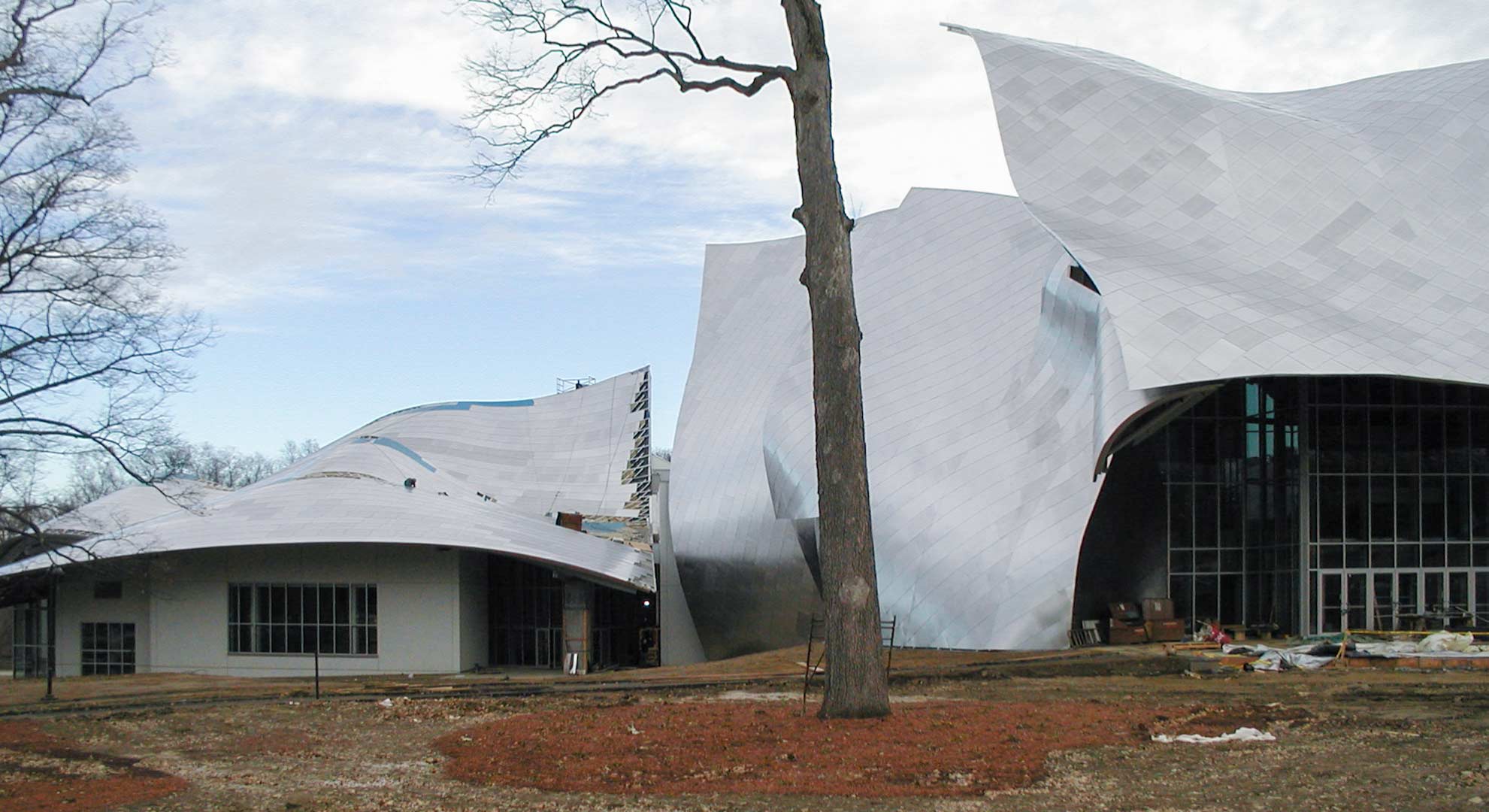 Construction photo of the south entrance of the Richard B. Fisher Center at Bard College.