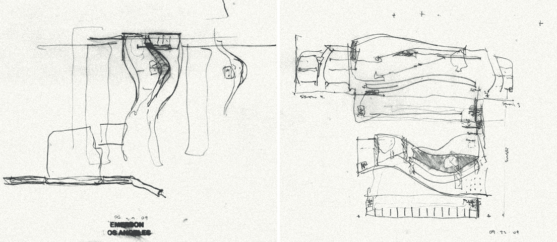 Preliminary sketch by Thom Mayne of Morphosis for Emerson LA.