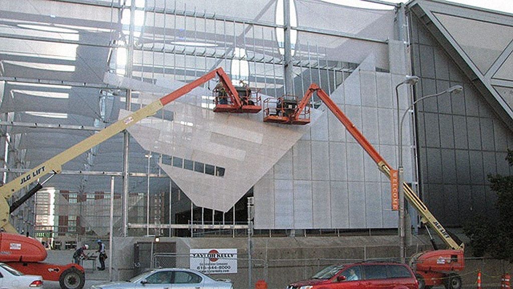 Zahner installers during the renovation of the Bartle Hall Loading Dock.