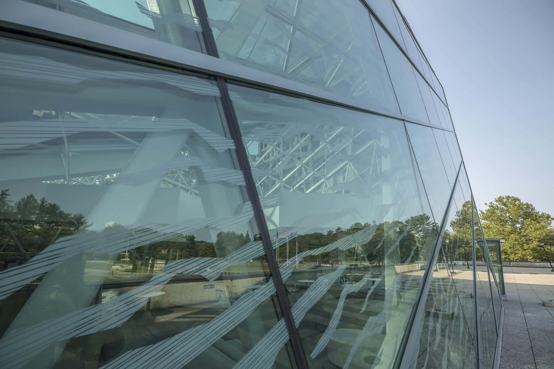 Detail of the exterior glass facade of SUNY New Paltz 