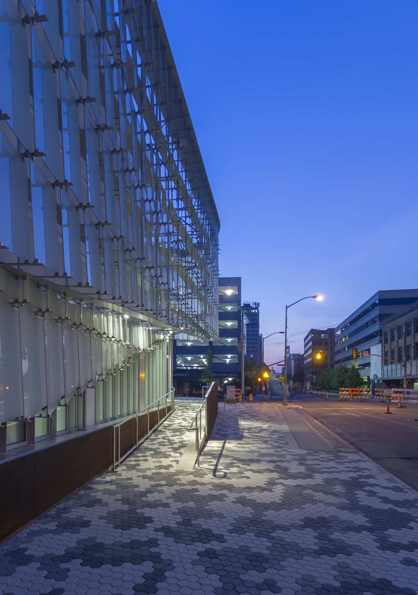 Night view of the glass lites on edge at the McCoy Federal Building.