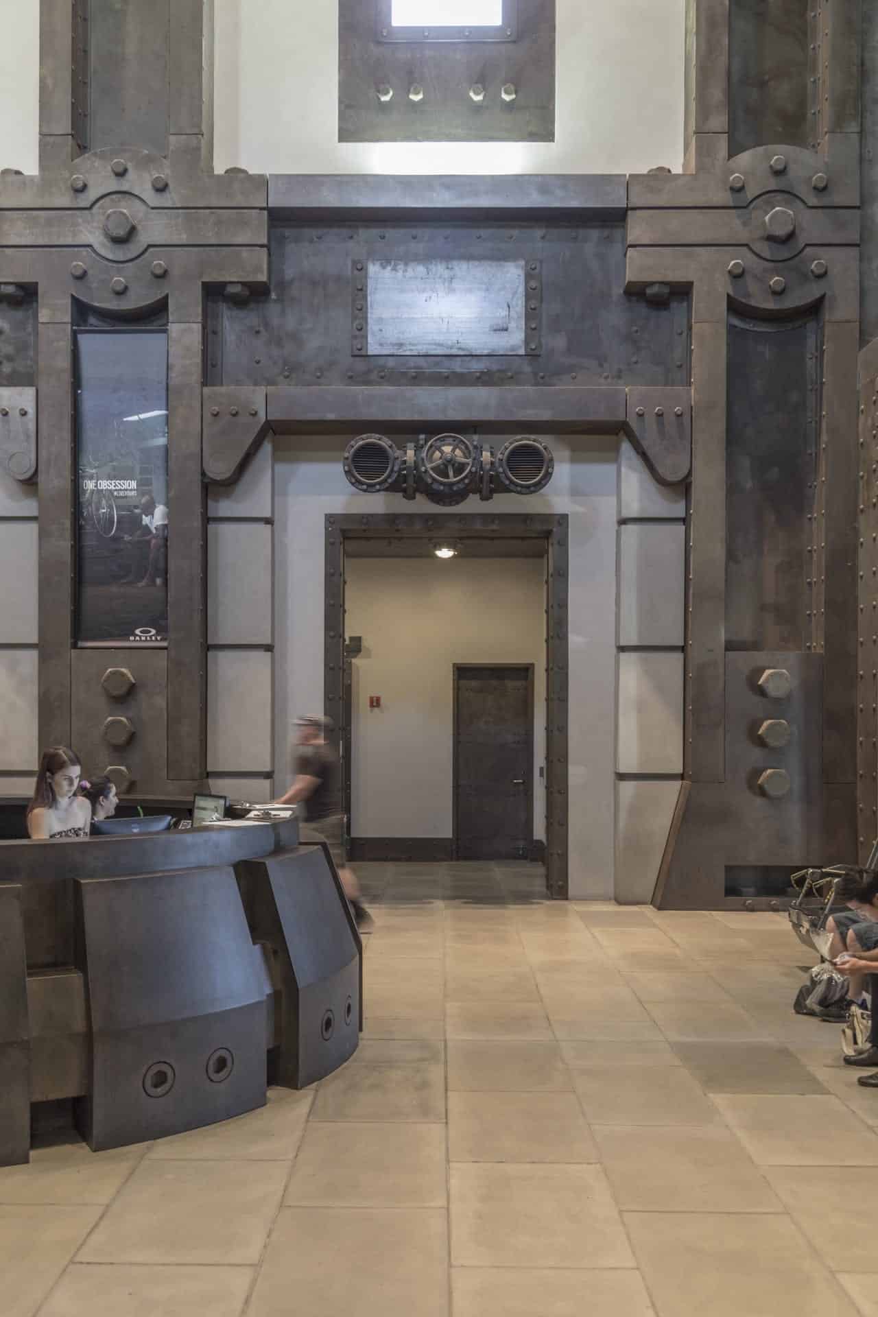 Interior and reception desk at Oakley Headquarters in Foothill Ranch, California.