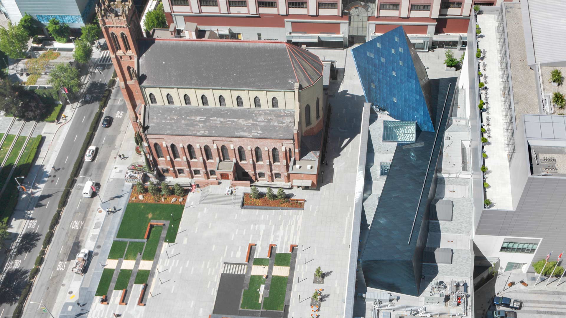 Aerial view of the blue metal panels on the Contemporary Jewish Museum in San Francisco.