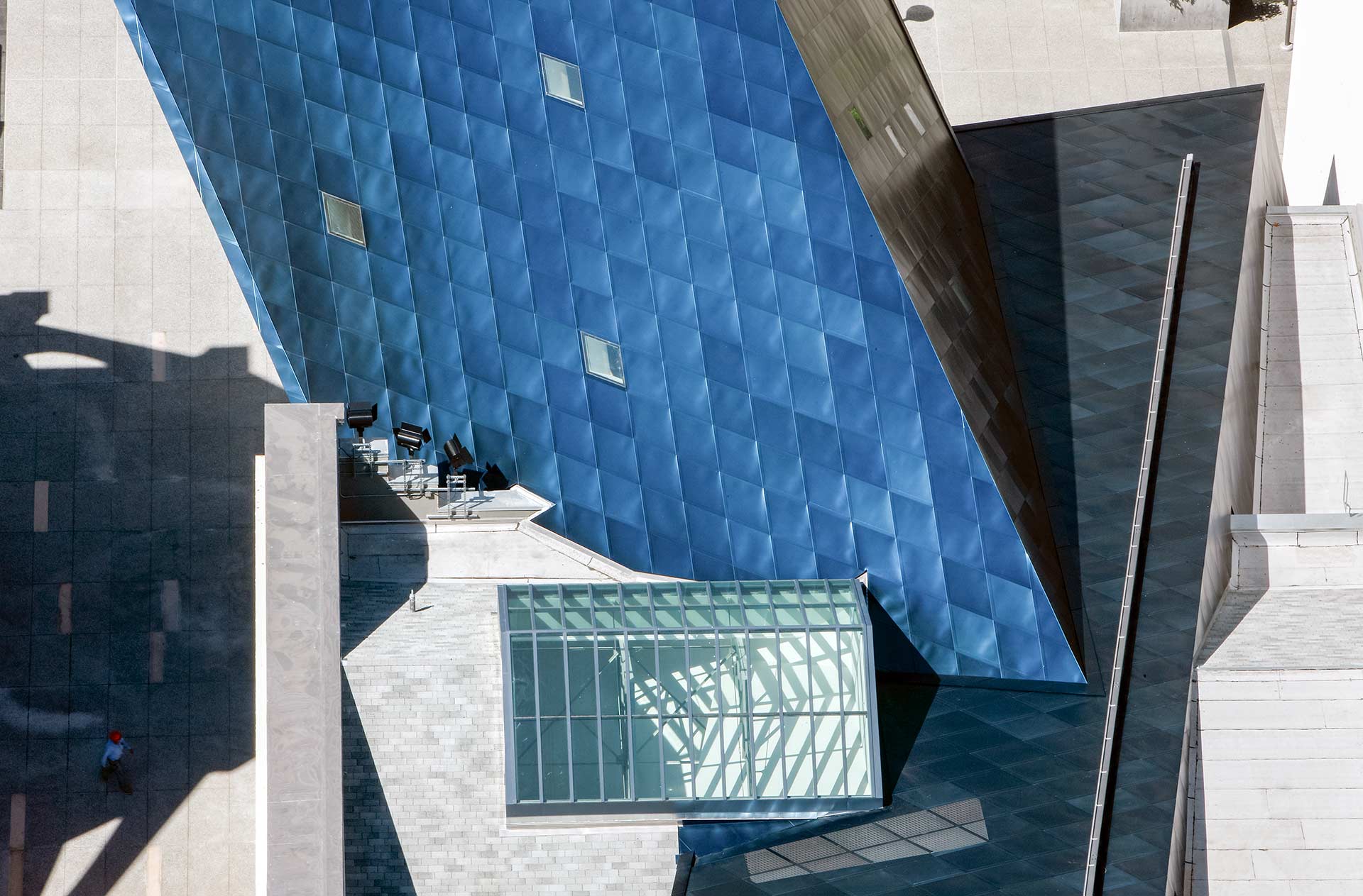 Aerial view of the blue metal panels on the Contemporary Jewish Museum in San Franicsco.