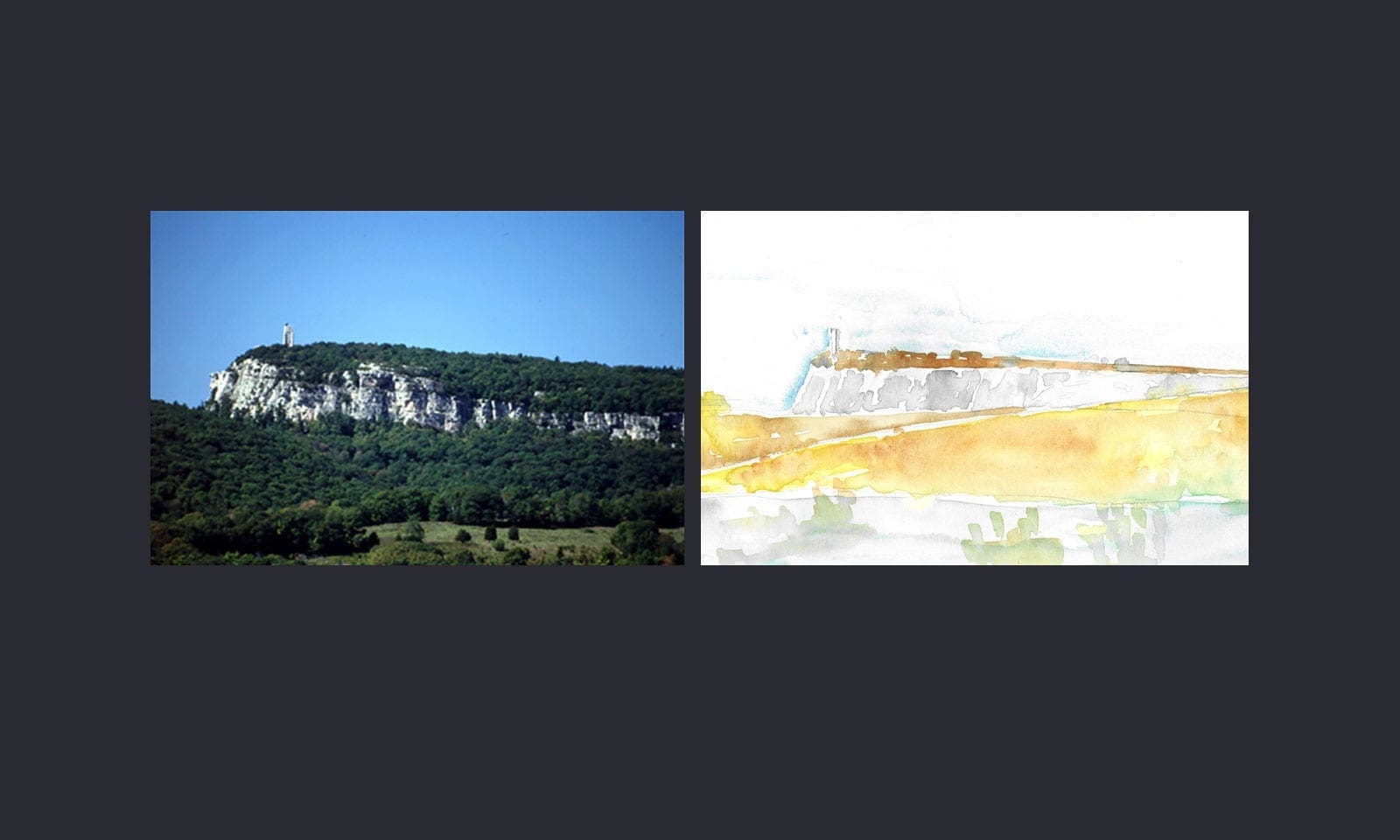 Photograph of the Shawangunk palisade alongside painting by ikon.5 architects