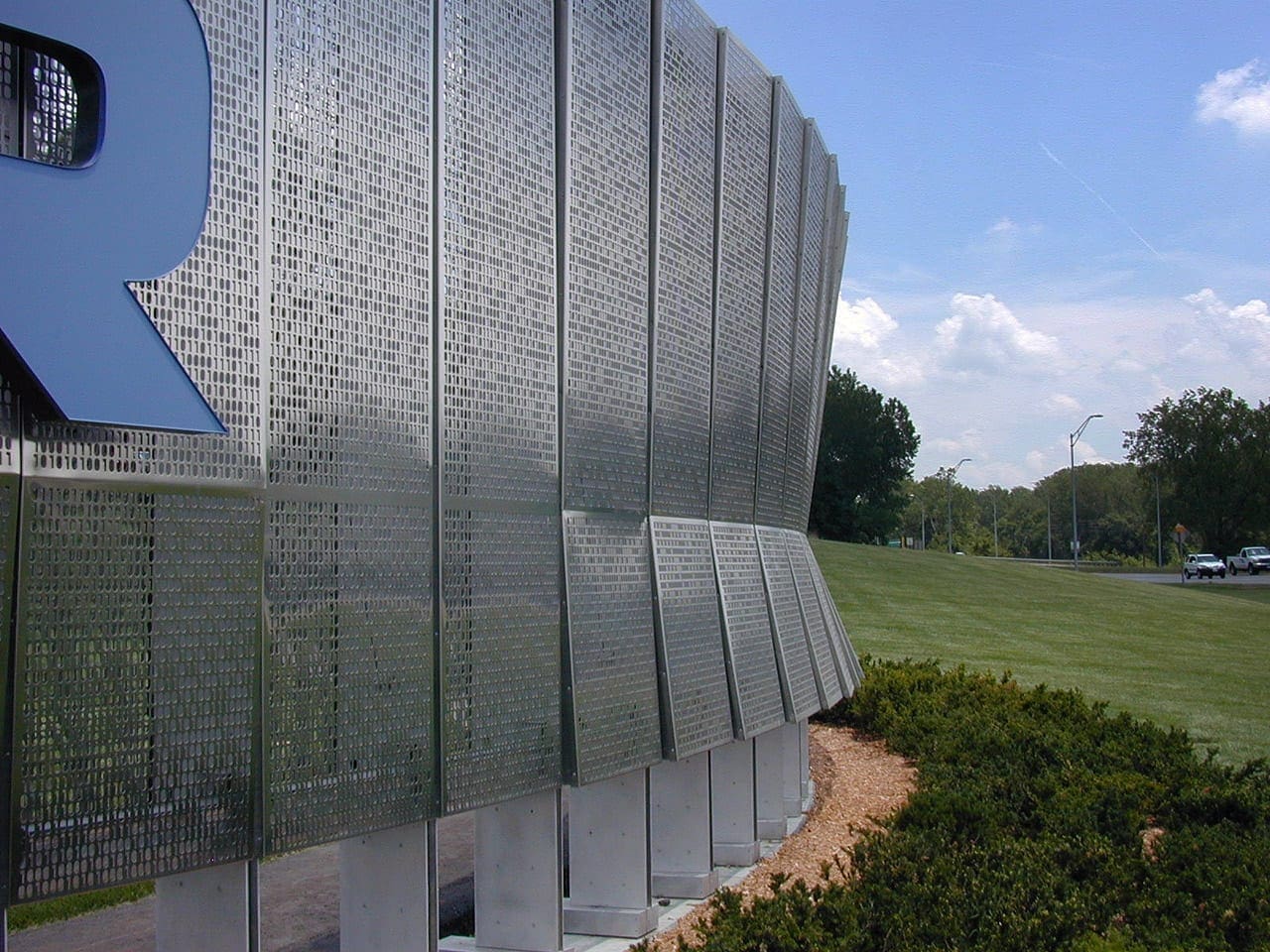 Detail of the perforated metal signage system at Cerner Headquarters.