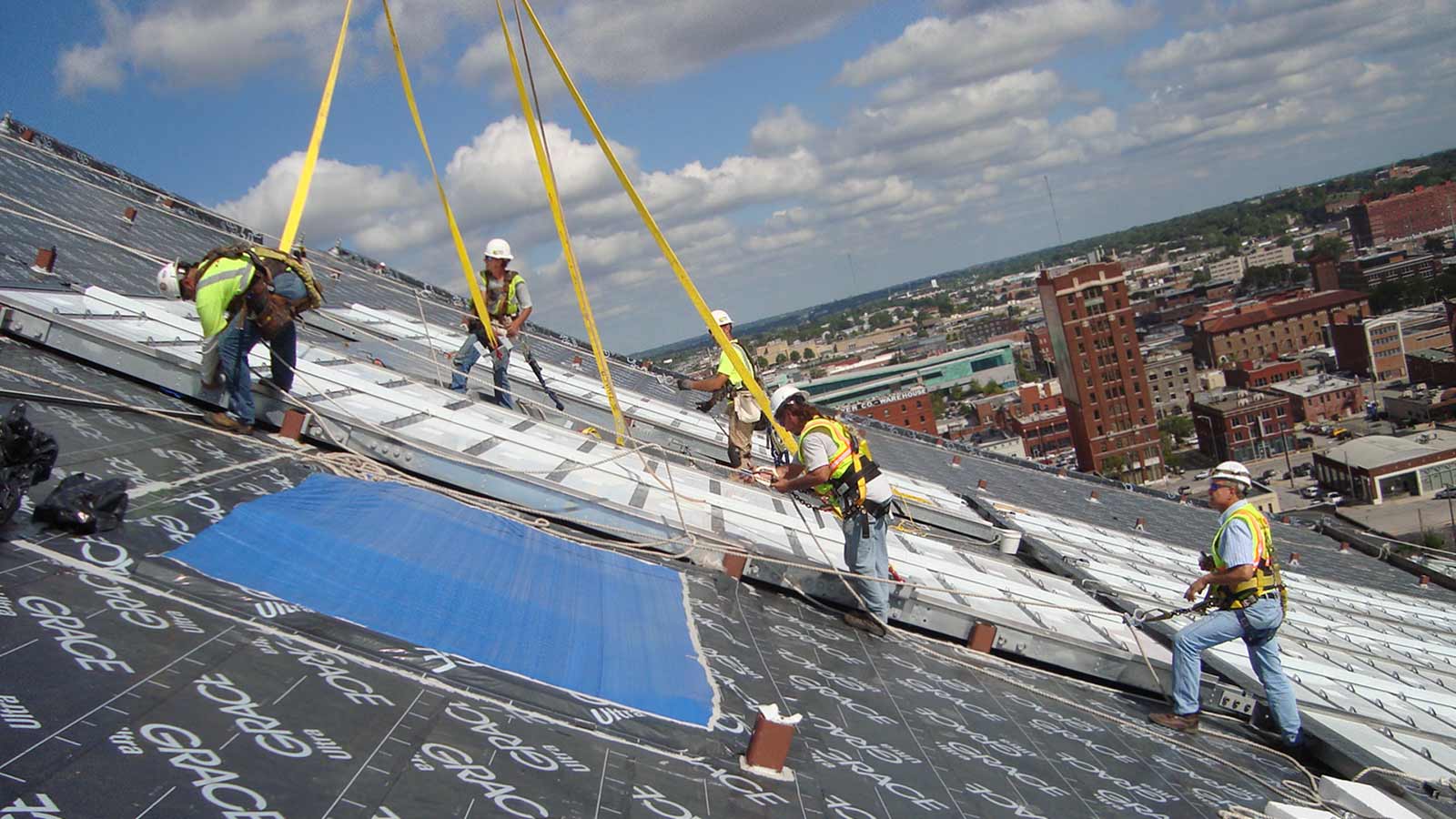 Detail of the Kauffman Center roof during construction.
