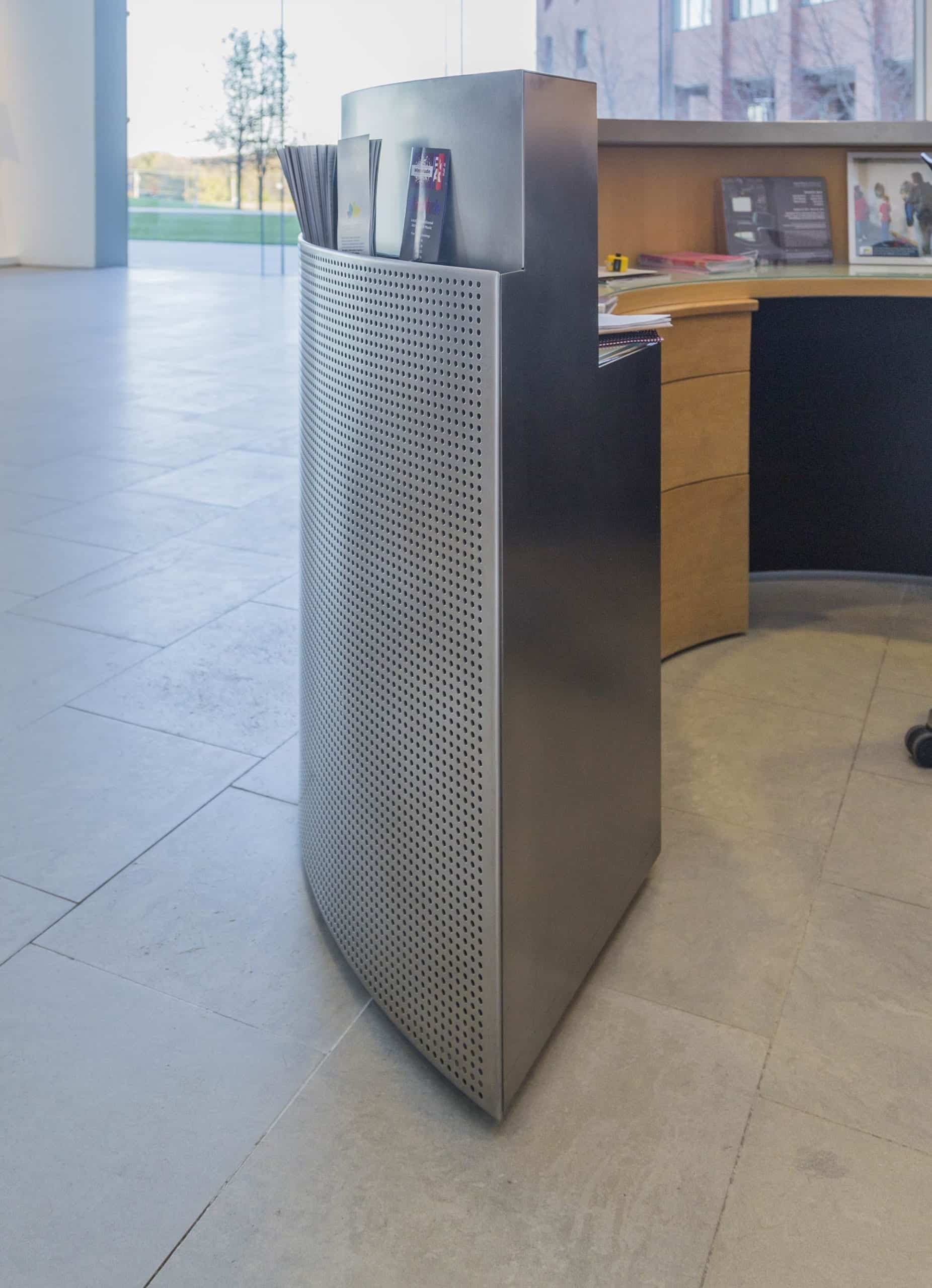 Detail of the stainless steel reception desk for the Nerman Museum of Contemporary Art