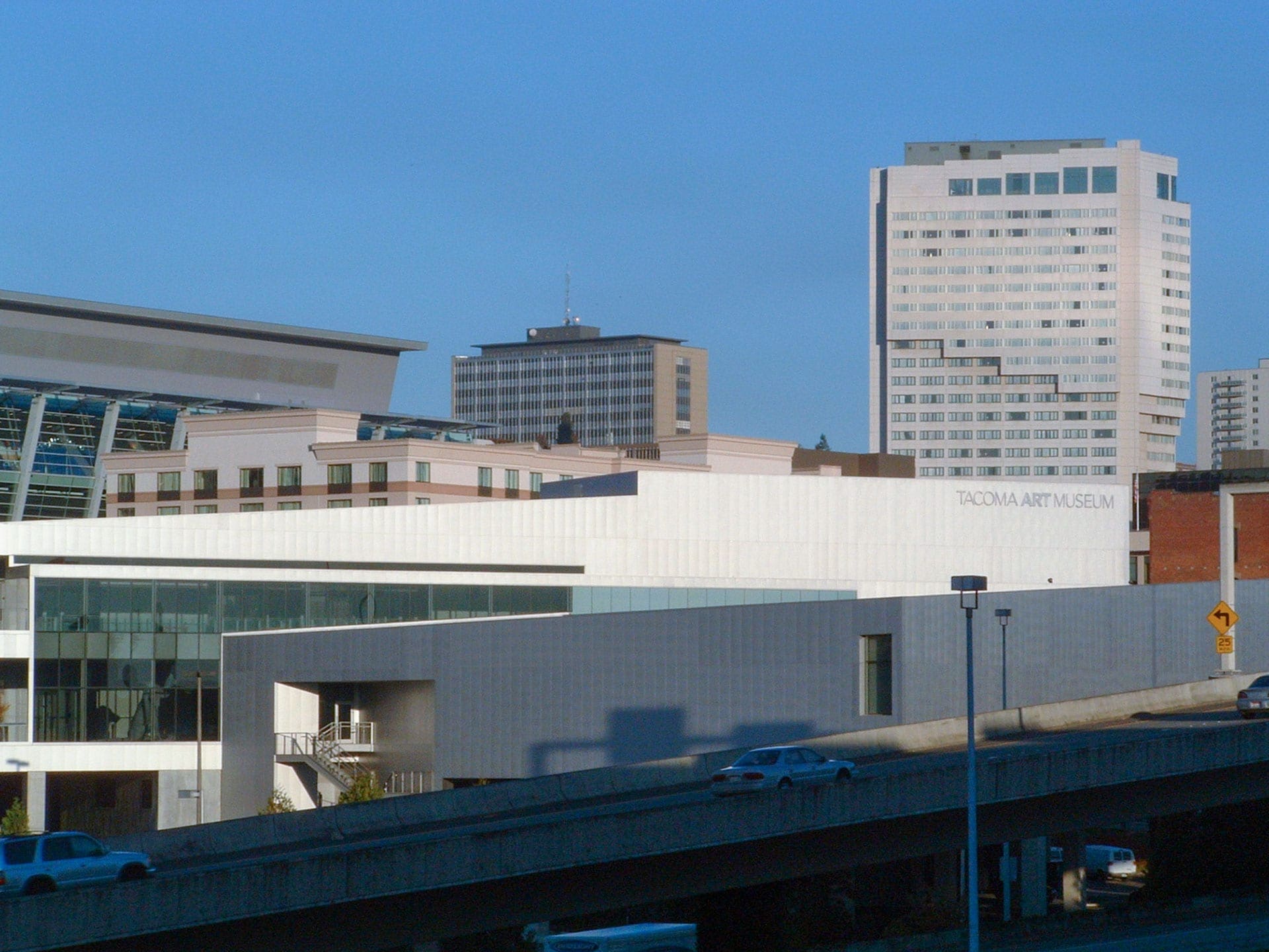 View of the Tacoma Art Museum from across the Internstate in Tahoma.