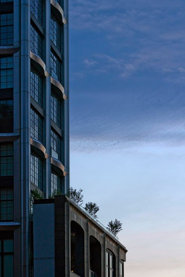 Ribbon-like quality of the stainless steel forms at 200 Eleventh Avenue.