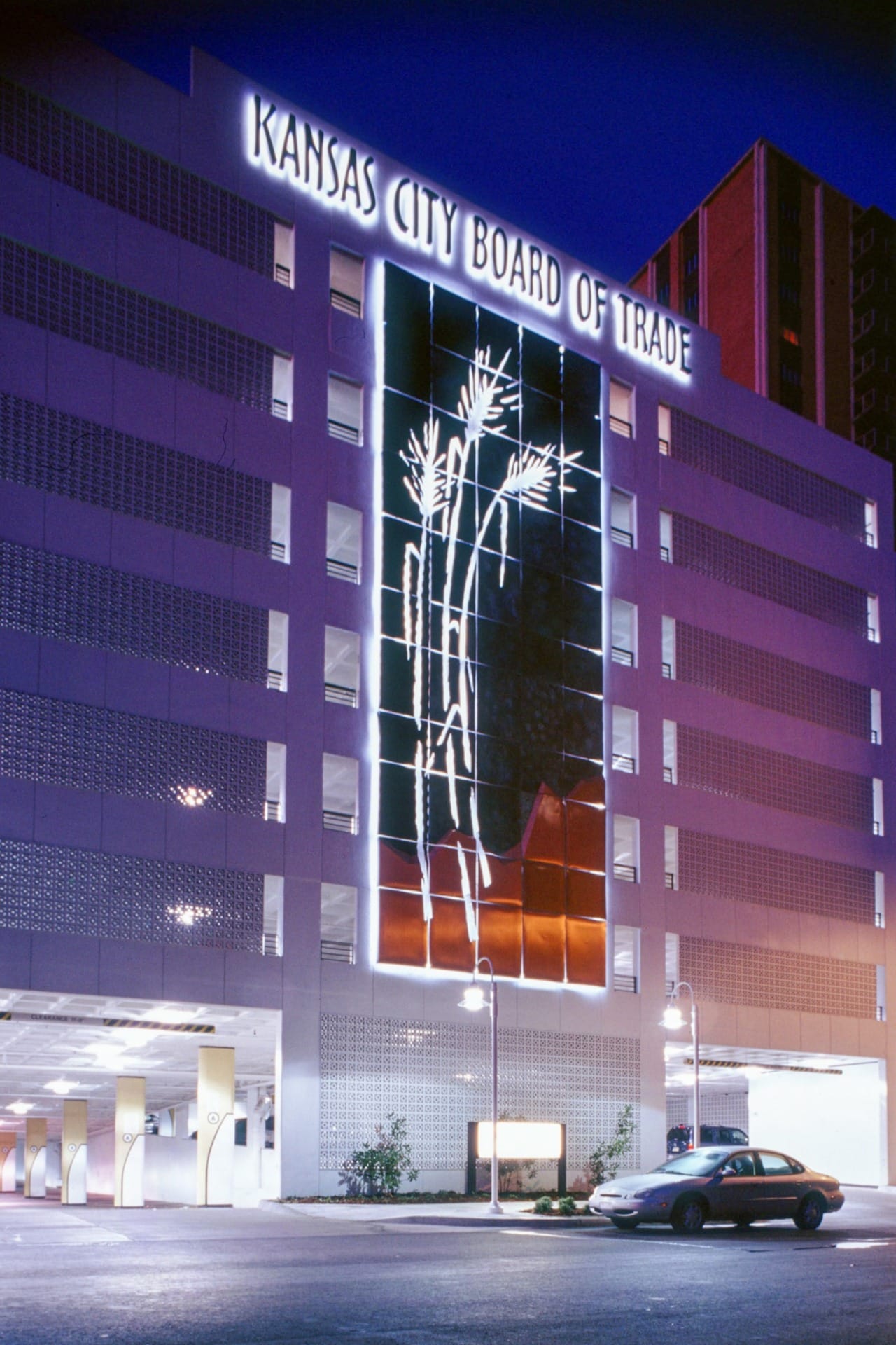 Night image of the Heartland Harvest at the Kansas City Board of Trade.