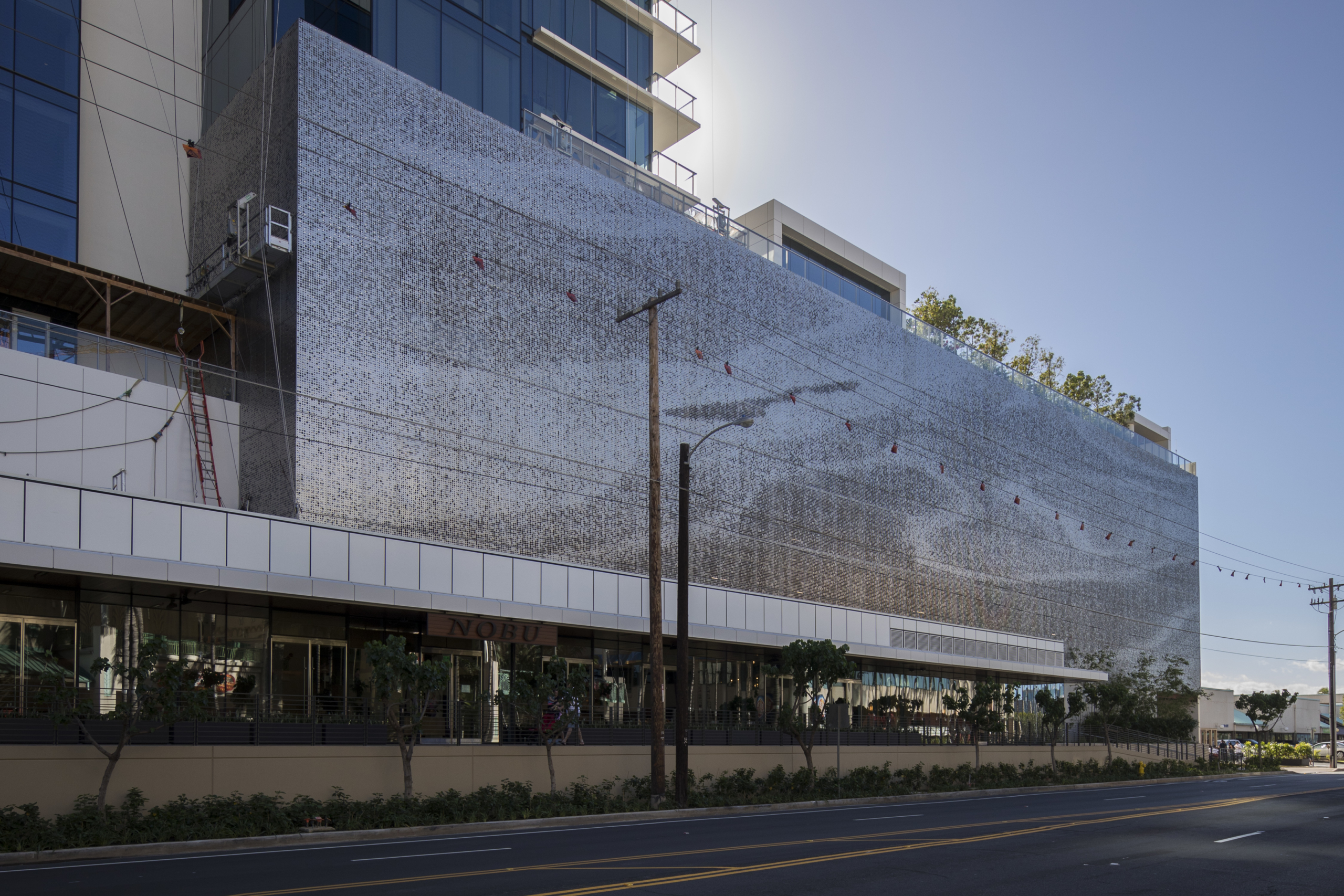 Waiea building parking structure facade in Honolulu, Hawaii.