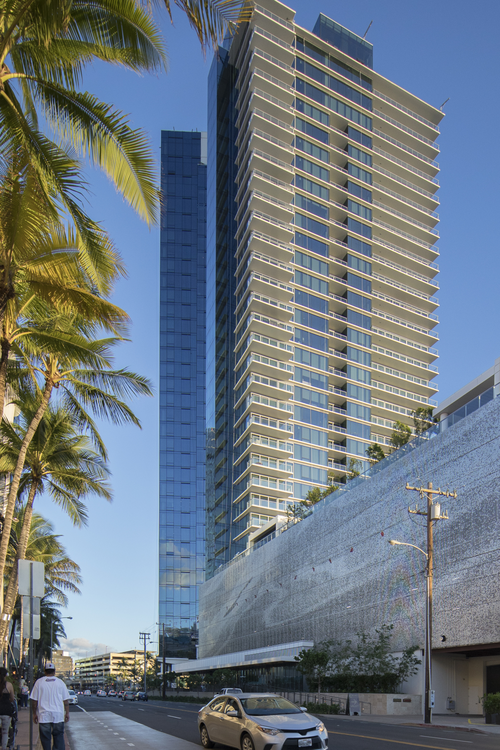 Waiea tower and building parking structure facade in Honolulu, Hawaii.