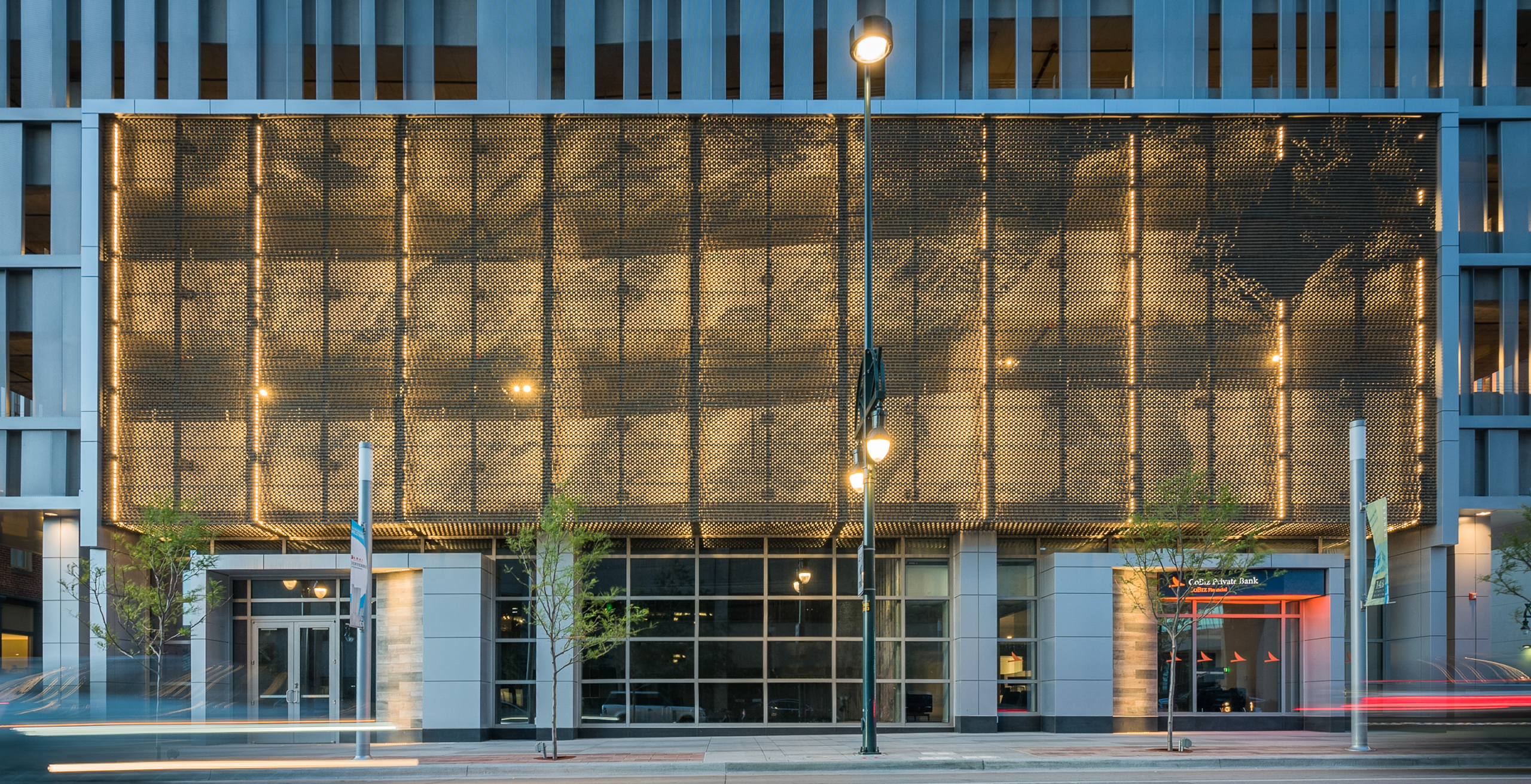 Elevation showing the perforated metal soffit entrance at the 1401 Lawrence building.