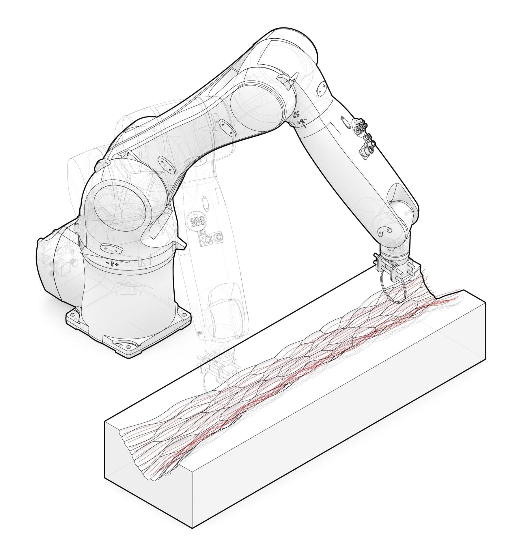 Making w/ Robots – A robot arm hot knife cutting through foam. Zahner uses similar computer controlled tools in their manufacturing processes.